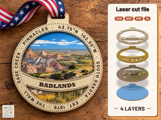 Badlands National Park Ornament laser cut file: the finished layered piece, hand painted