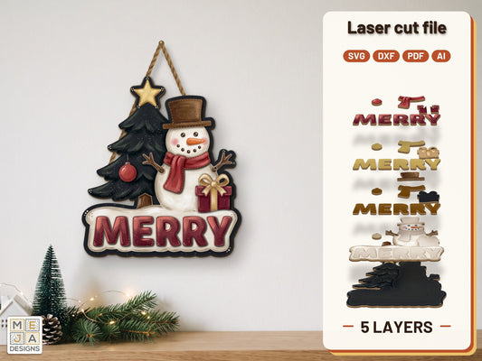 Merry Snowman Shaped Sign laser cut file: the finished layered piece, hand painted