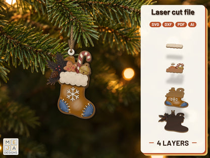 Gingerbread Stocking Ornament laser cut file: the finished layered piece, hand painted