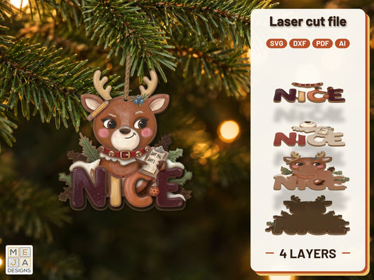 Nice List Reindeer Ornament laser cut file: the finished layered piece, hand painted