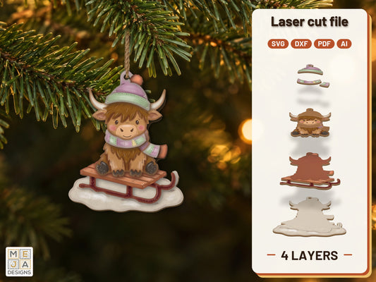 Highland Cow Sled Ornament laser cut file: the finished layered piece, hand painted