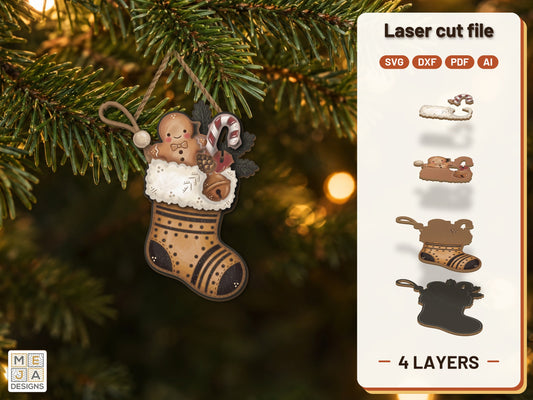 Gingerbread Christmas Stocking Ornament laser cut file: the finished layered piece, hand painted