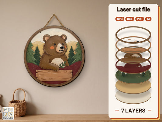 Woodland Bear Friend Hello Sign laser cut file: the finished layered piece, hand painted
