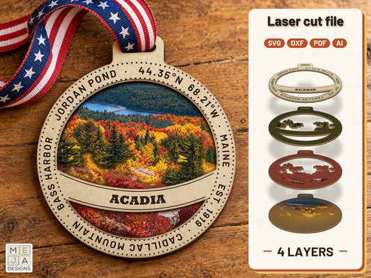 Acadia National Park Ornament laser cut file: the finished layered piece, hand painted