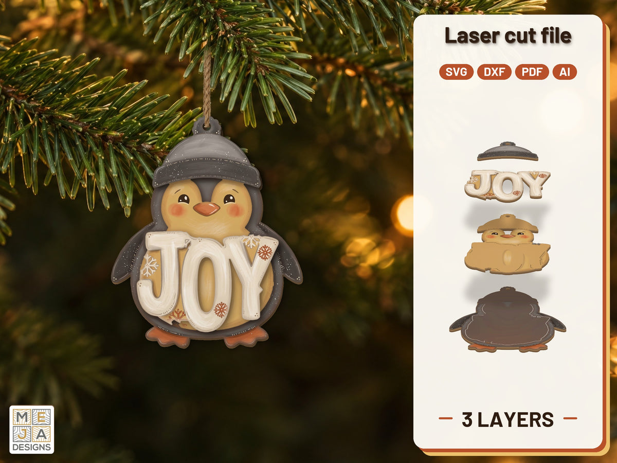 Rustic JOY Penguin Ornament laser cut file: the finished layered piece, hand painted