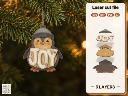 Rustic JOY Penguin Ornament laser cut file: the finished layered piece, hand painted