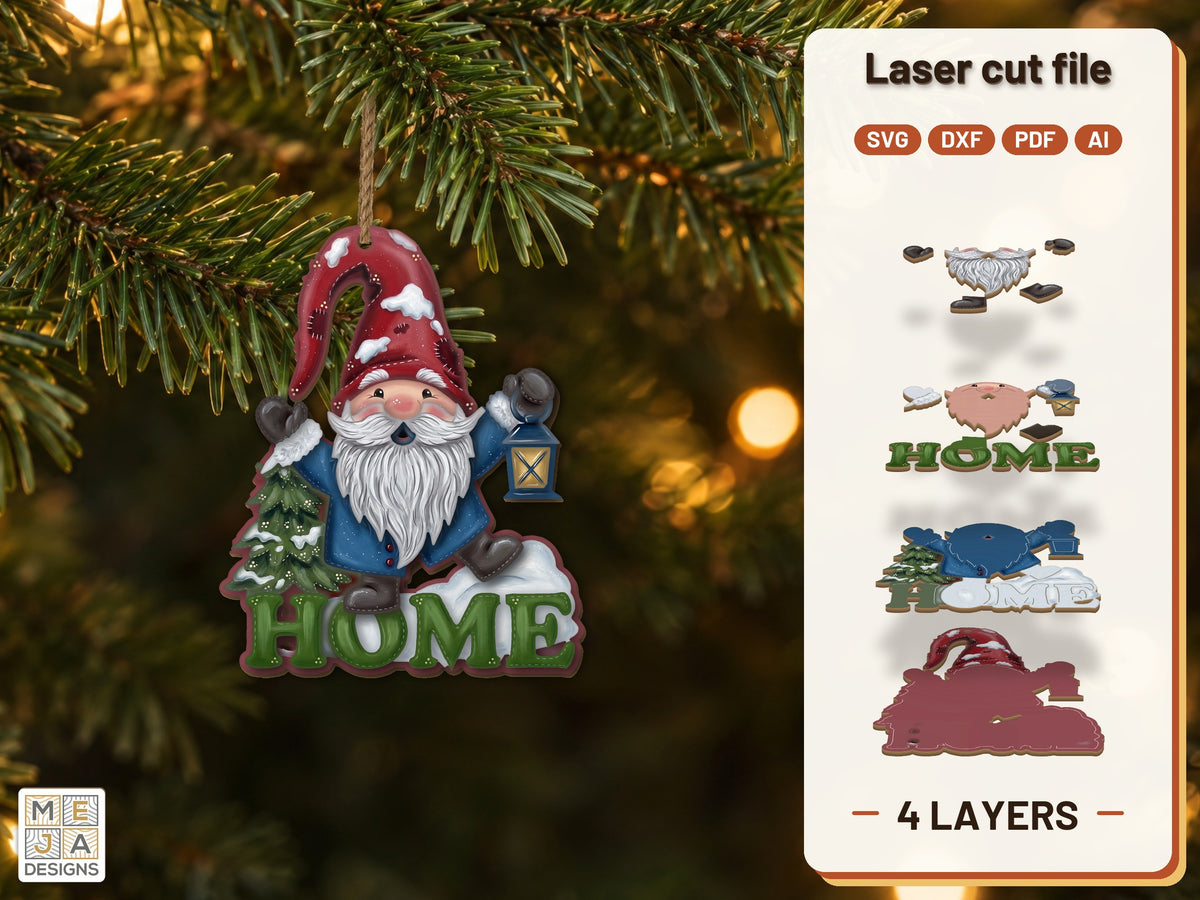 Gnome Lantern HOME Ornament laser cut file: the finished layered piece, hand painted
