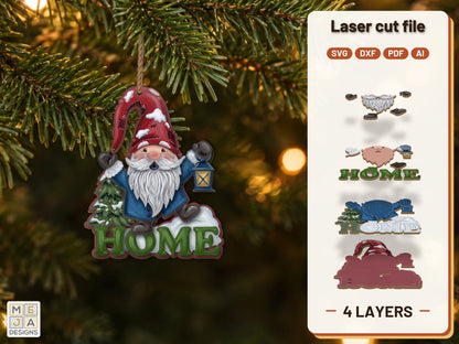 Gnome Lantern HOME Ornament laser cut file: the finished layered piece, hand painted