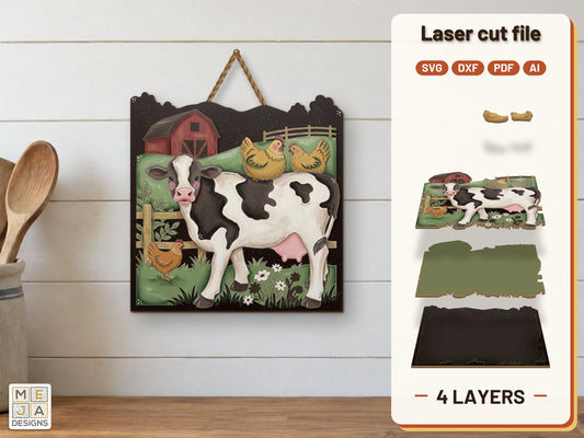 Farmyard Cow and Hens laser cut file: the finished layered piece, hand painted