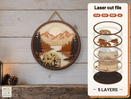 Wolf Family Lake Sign laser cut file: the finished layered piece, hand painted