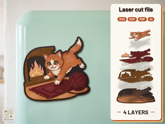 Fireside Kitten Yarn Magnet laser cut file: the finished layered piece, hand painted