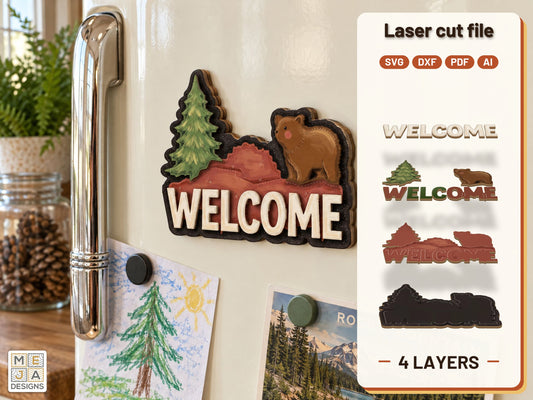 Bear Cub Welcome Magnet laser cut file: the finished layered piece, hand painted