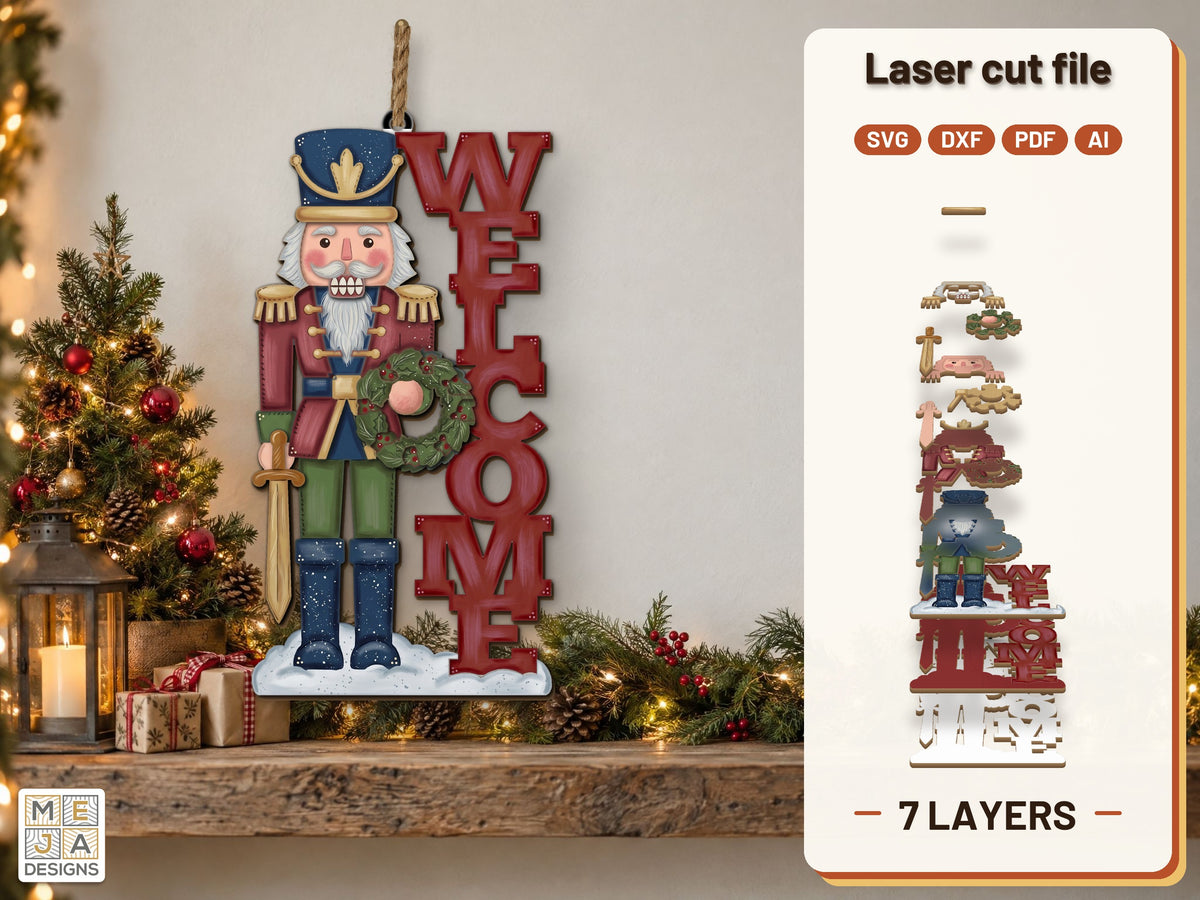 Nutcracker Welcome Door Hanger laser cut file: the finished layered piece, hand painted