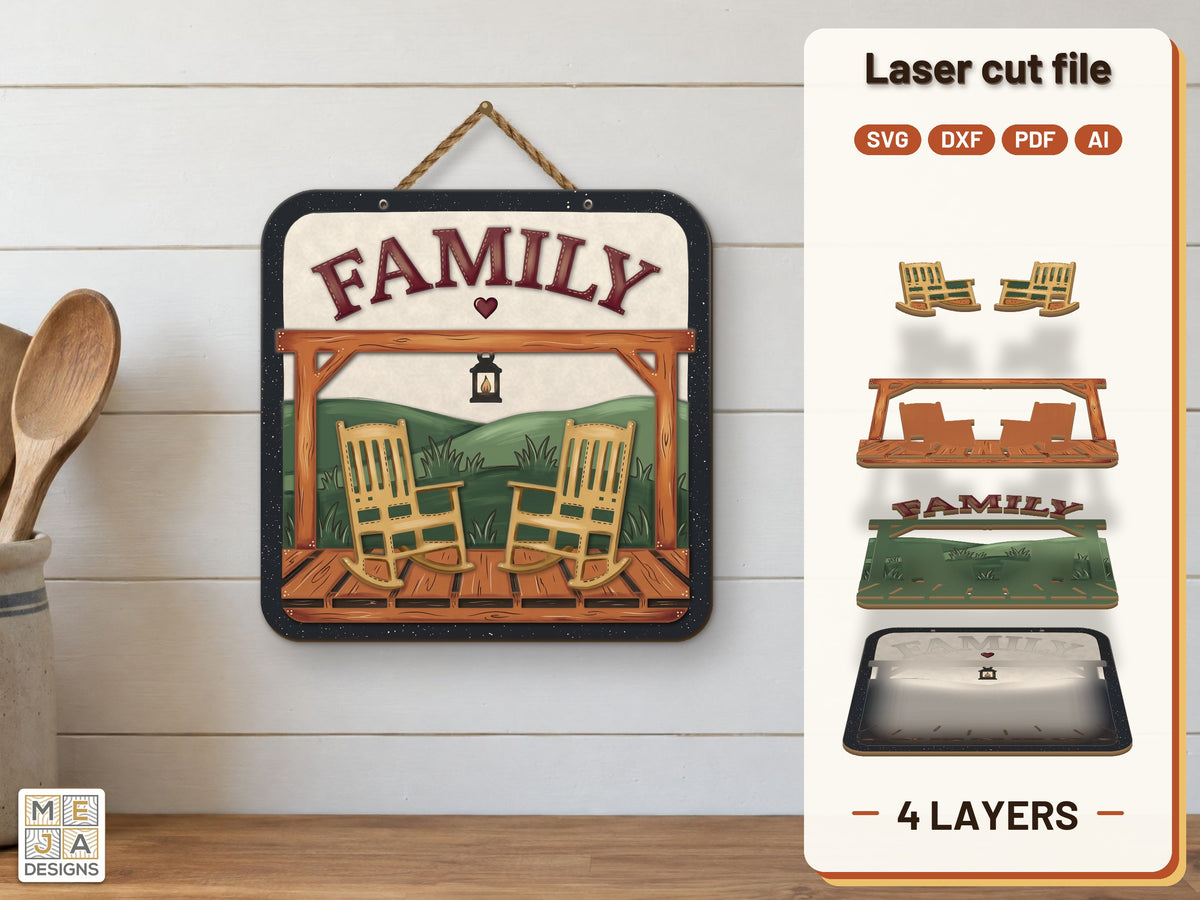 Rustic Family Porch Sign laser cut file: the finished layered piece, hand painted