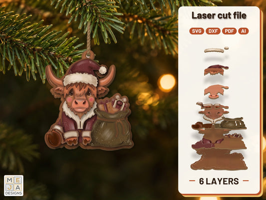 Santa Highland Cow Ornament laser cut file: the finished layered piece, hand painted