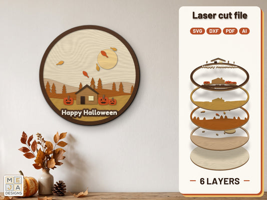 Jack-o'-Lantern Cottage Door Hanger laser cut file: the finished layered piece, hand painted