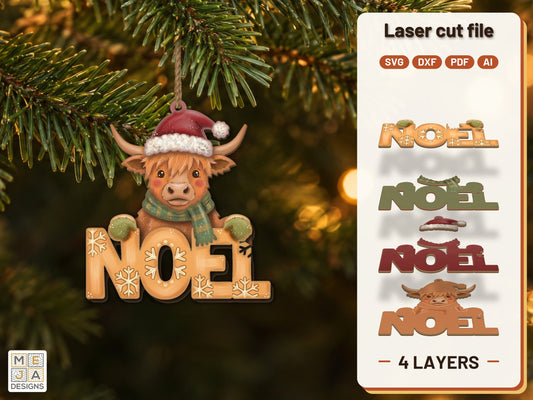 Highland Cow Noel Ornament laser cut file: the finished layered piece, hand painted