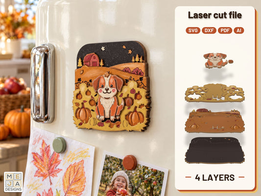 Pumpkin Patch Puppy Magnet laser cut file: the finished layered piece, hand painted