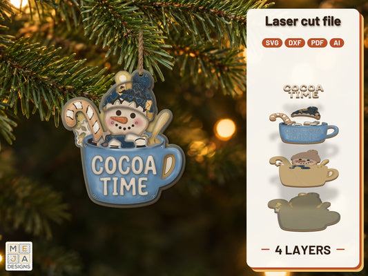 Cocoa Time Snowman Ornament laser cut file: the finished layered piece, hand painted