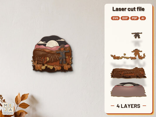 Harvest Scarecrow Cornfield laser cut file: the finished layered piece, hand painted