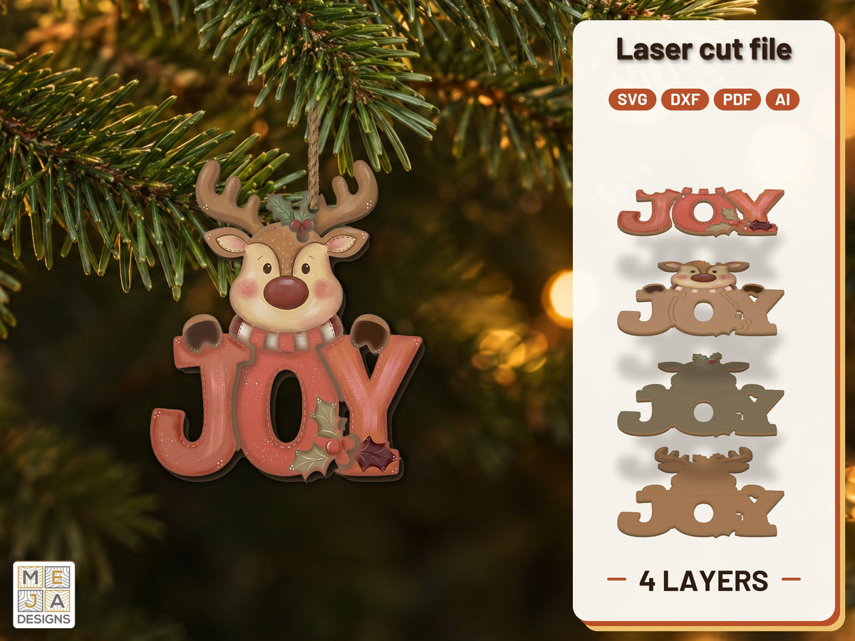 Reindeer JOY Ornament laser cut file: the finished layered piece, hand painted