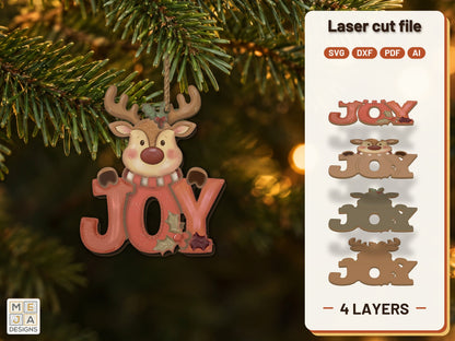 Reindeer JOY Ornament laser cut file: the finished layered piece, hand painted