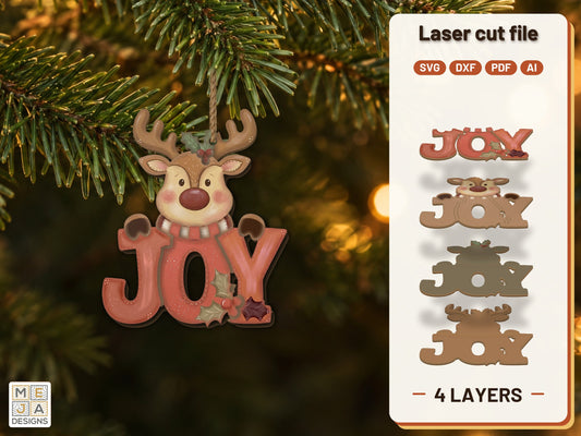 Reindeer JOY Ornament laser cut file: the finished layered piece, hand painted
