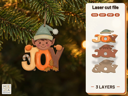 Elf JOY Ornament laser cut file: the finished layered piece, hand painted