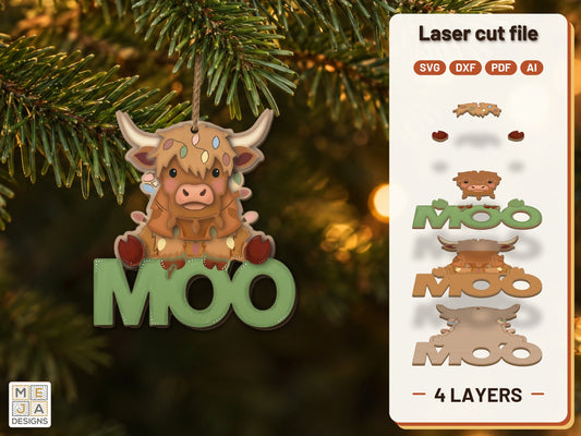 Highland Cow MOO Ornament laser cut file: the finished layered piece, hand painted