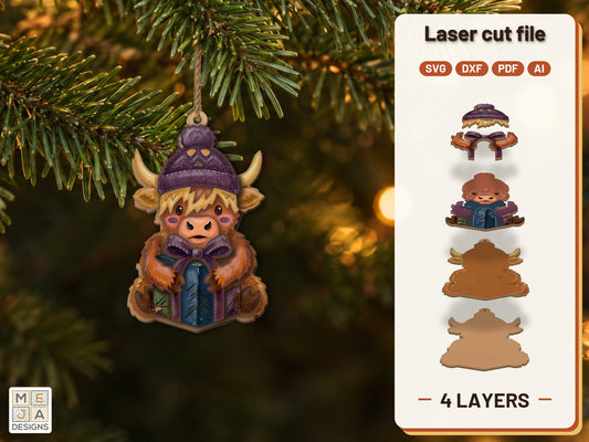 Highland Cow Gift Ornament laser cut file: the finished layered piece, hand painted