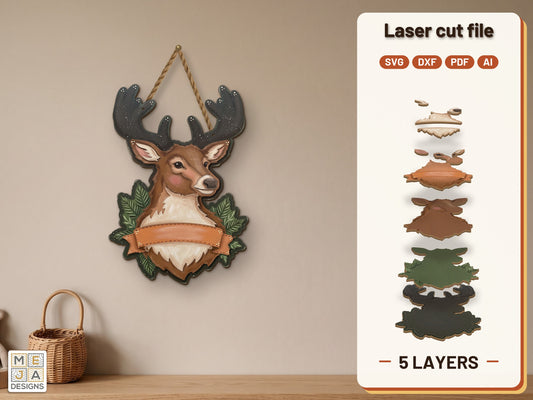 Deer Name Sign laser cut file: the finished layered piece, hand painted
