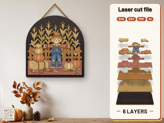 Rustic Cornfield Scarecrow Sign laser cut file: the finished layered piece, hand painted