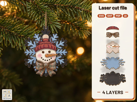 Snowman Snowflake Ornament laser cut file: the finished layered piece, hand painted