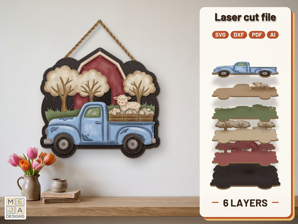 Vintage Spring Farm Truck laser cut file: the finished layered piece, hand painted