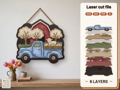 Vintage Spring Farm Truck laser cut file: the finished layered piece, hand painted