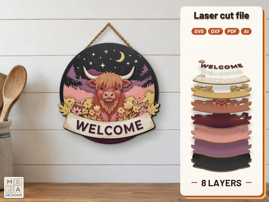 Meadow Highland Cow Welcome Sign laser cut file: the finished layered piece, hand painted