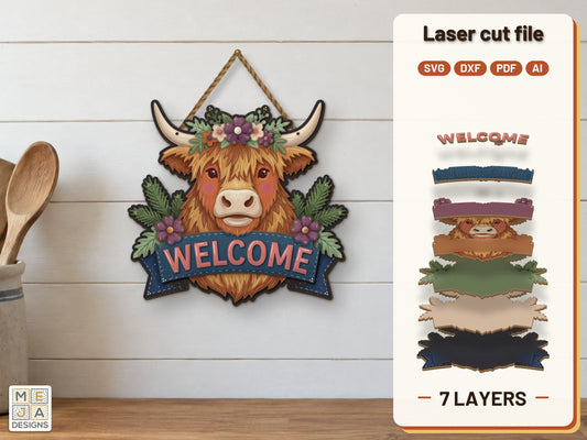 Floral Highland Cow Welcome Sign laser cut file: the finished layered piece, hand painted