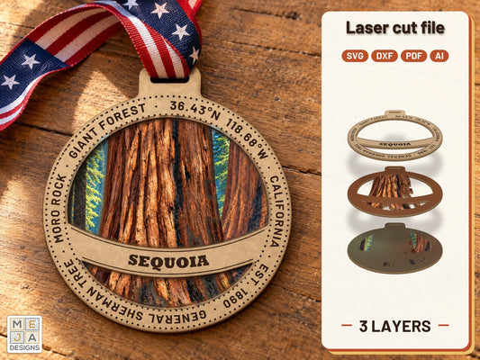 Sequoia National Park Ornament laser cut file: the finished layered piece, hand painted