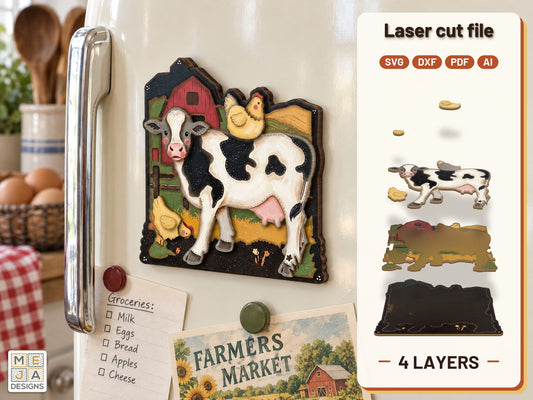 Farmyard Cow and Hens Magnet laser cut file: the finished layered piece, hand painted