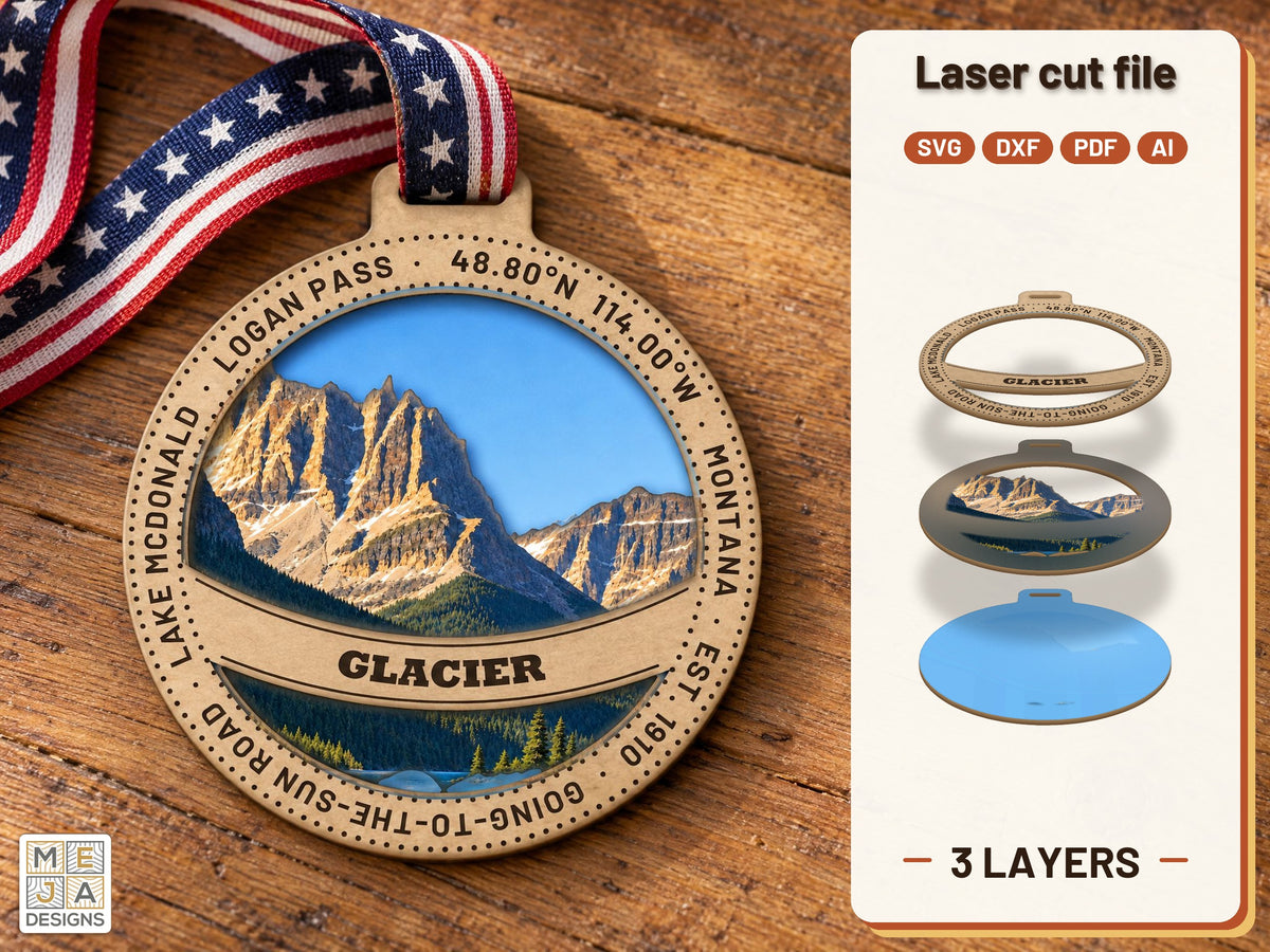 Glacier National Park Ornament laser cut file: the finished layered piece, hand painted