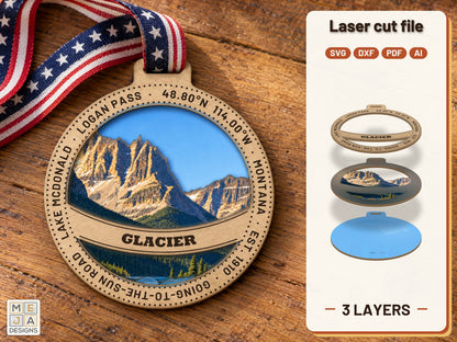 Glacier National Park Ornament laser cut file: the finished layered piece, hand painted