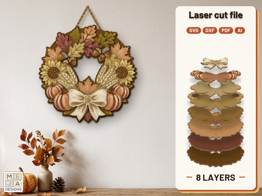 Autumn Harvest Wreath laser cut file: the finished layered piece, hand painted