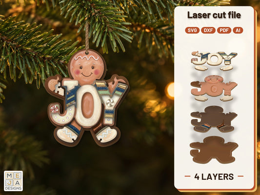Gingerbread JOY Ornament laser cut file: the finished layered piece, hand painted