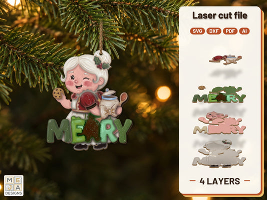 Mrs. Claus Cookie Ornament laser cut file: the finished layered piece, hand painted