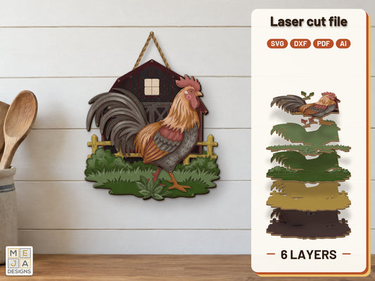 Proud Rooster and Hayloft Barn laser cut file: the finished layered piece, hand painted
