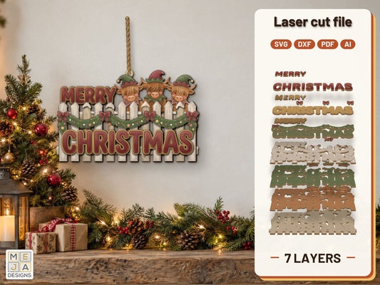 Highland Cow Elves Christmas Sign laser cut file: the finished layered piece, hand painted