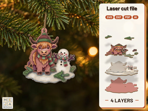 Highland Cow Snowman Ornament Laser Cut File