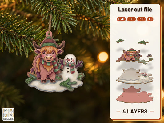 Highland Cow Snowman Ornament laser cut file: the finished layered piece, hand painted