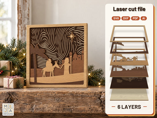 Journey to Bethlehem Layered Scene laser cut file: the finished layered piece, hand painted