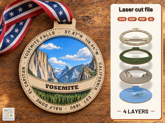 Yosemite National Park Ornament laser cut file: the finished layered piece, hand painted